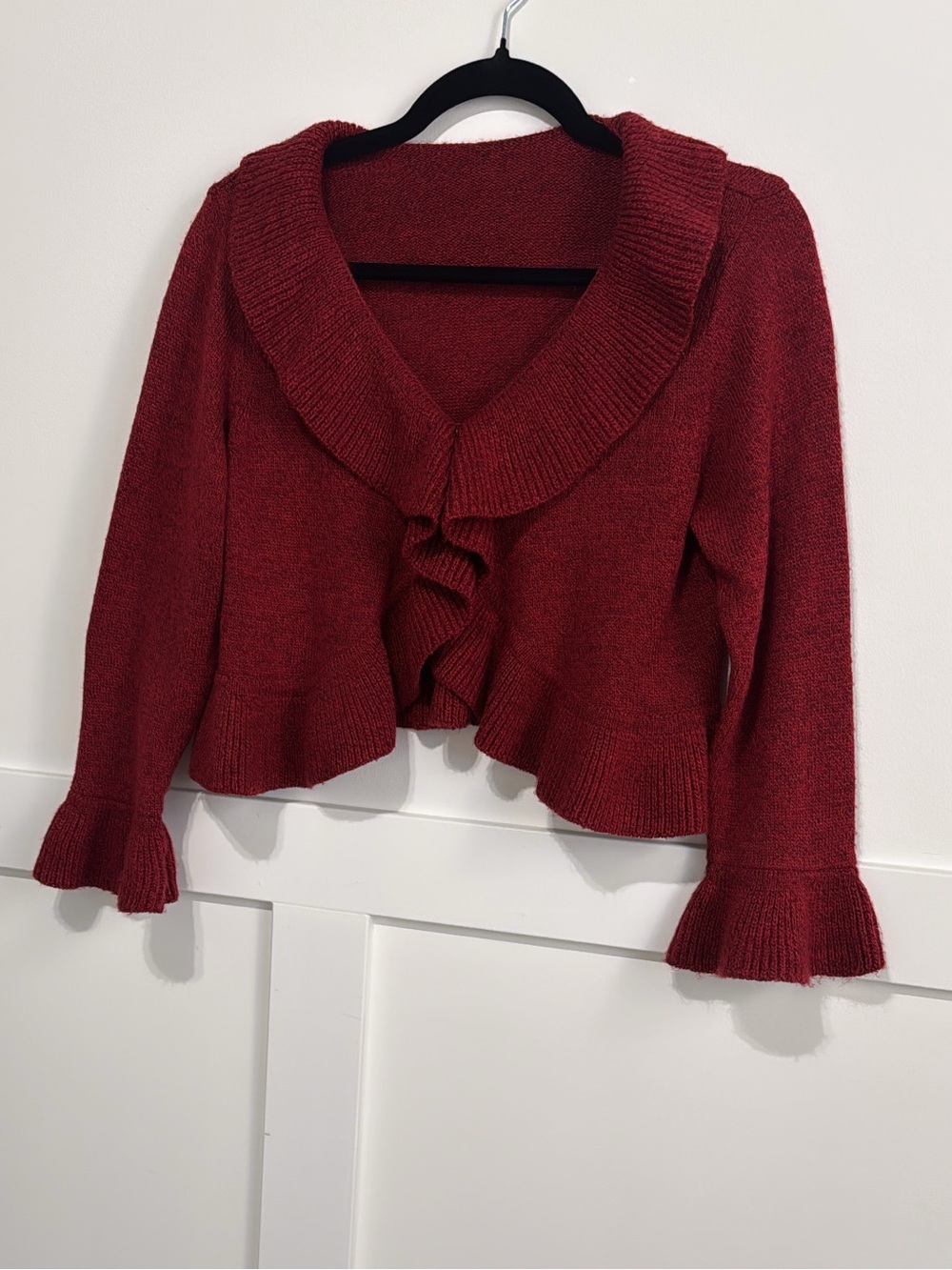 whimsical Ruffle-Front Knit Cardigan in Deep Red fairycore aesthetic
